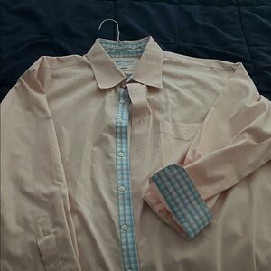 Paul Fredrick Men's Pink Shirt with Blue Check Details